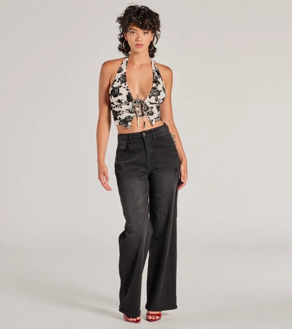 Love For Chic Flocked Floral Halter Crop Top - Image 3