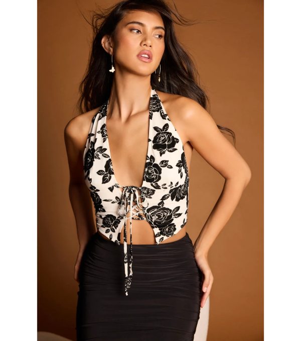 Love For Chic Flocked Floral Halter Crop Top - Image 5