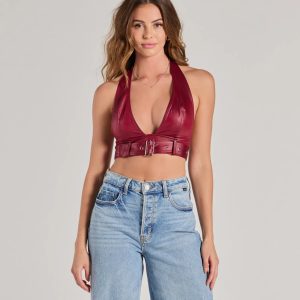 Sultry Vibe Plunge Halter Faux Leather Crop Top