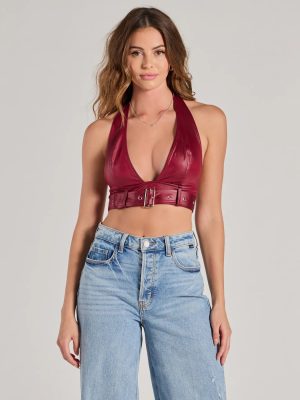 Sultry Vibe Plunge Halter Faux Leather Crop Top