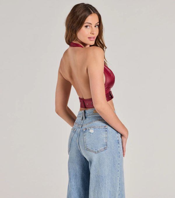 Sultry Vibe Plunge Halter Faux Leather Crop Top - Image 2