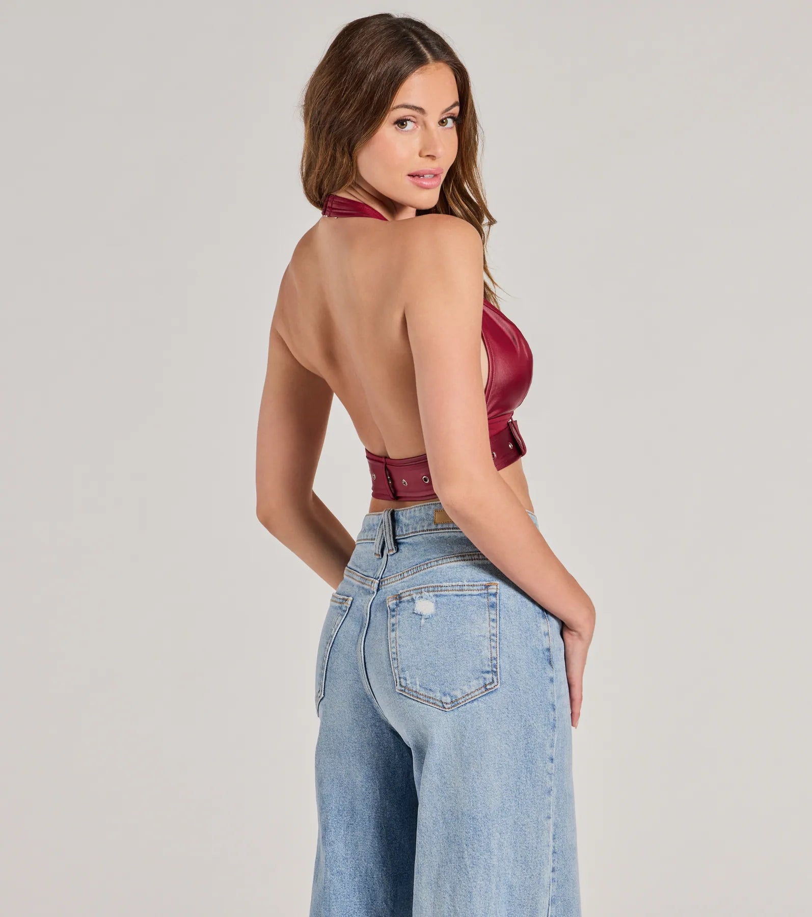 Sultry Vibe Plunge Halter Faux Leather Crop Top - Image 2