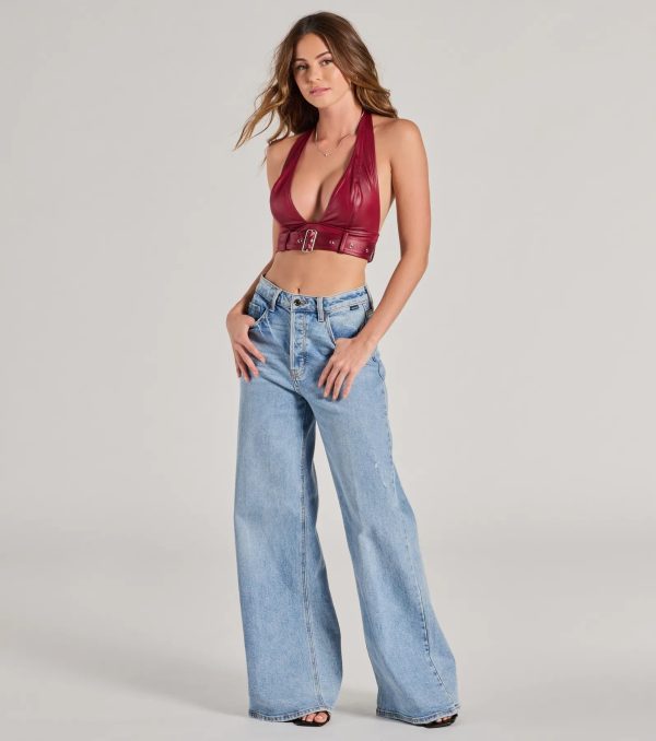 Sultry Vibe Plunge Halter Faux Leather Crop Top - Image 3