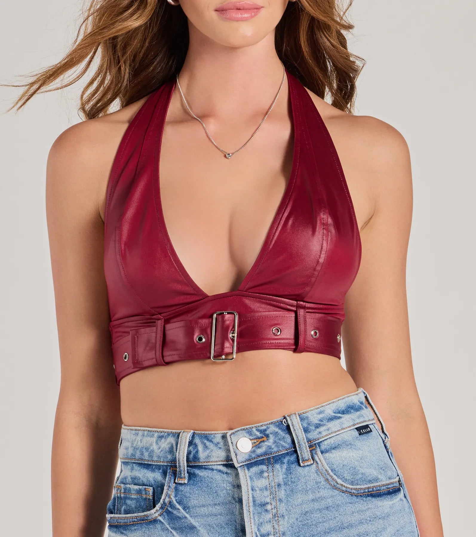 Sultry Vibe Plunge Halter Faux Leather Crop Top - Image 4