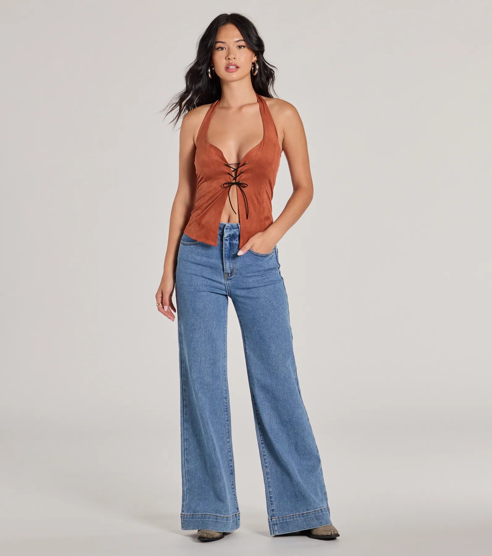 Country Girlie Halter Lace-Up Faux Suede Crop Top - Image 3