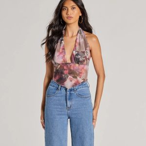 Sultry Impact Halter Abstract Floral Crop Top