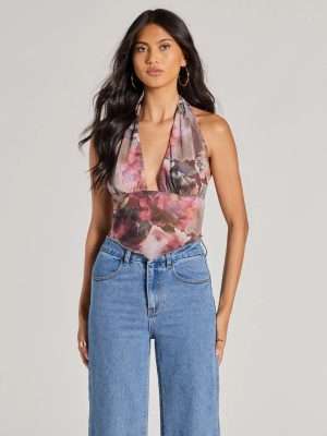 Sultry Impact Halter Abstract Floral Crop Top