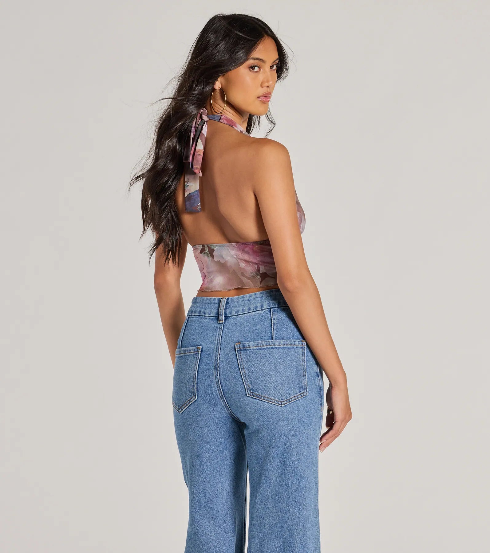 Sultry Impact Halter Abstract Floral Crop Top - Image 2