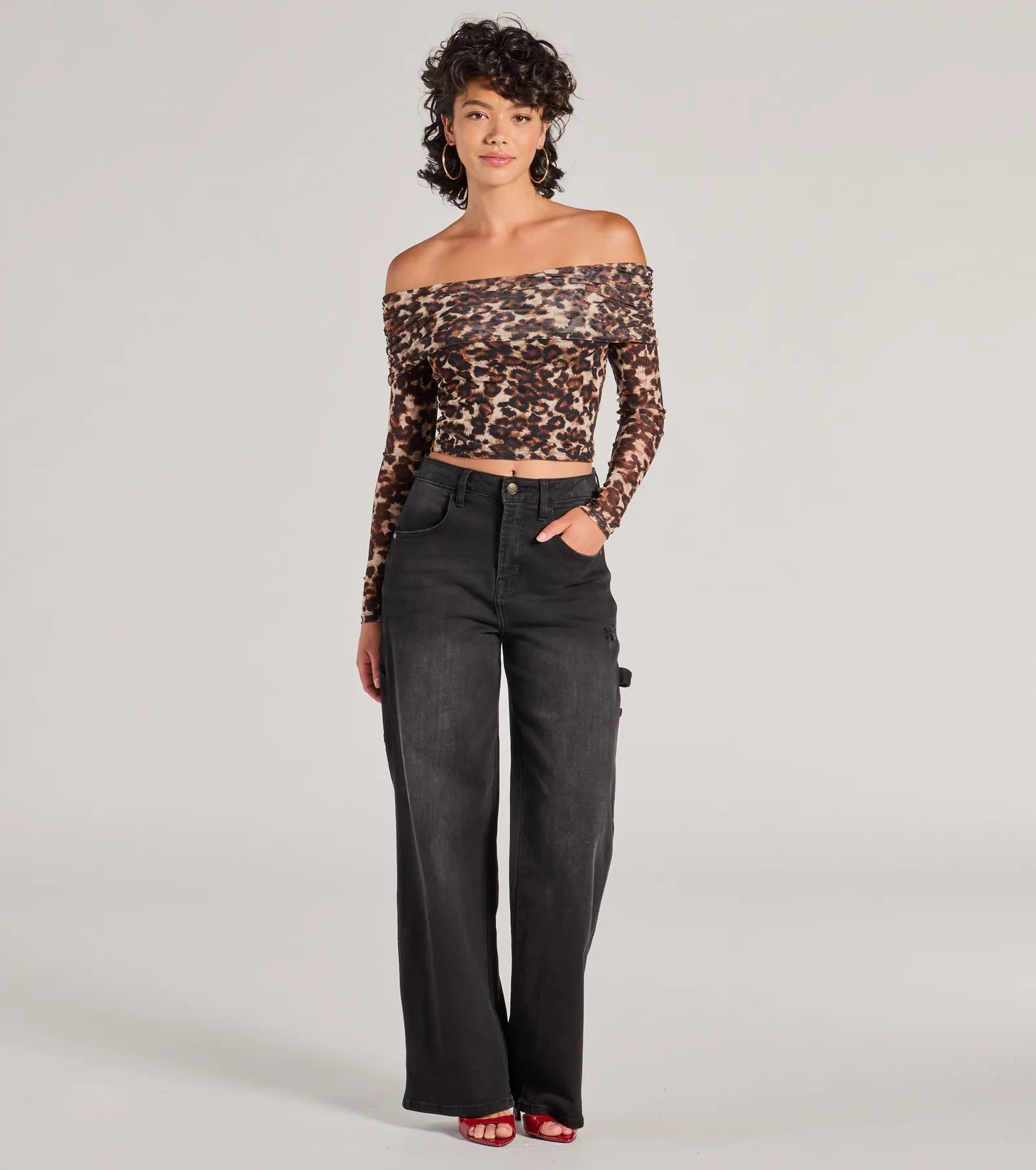 Trendy Chic Leopard Print Mesh Off-The-Shoulder Top - Image 3