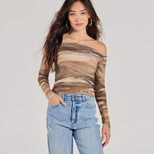 Trendy Abstract Mesh Off-Shoulder Top