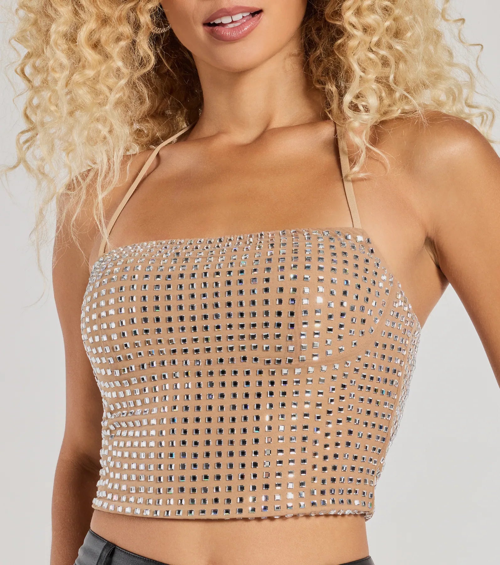 Party Mood Rhinestone Mesh Crop Top - Image 4