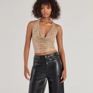 Glitzy Chic Cropped Rhinestone Halter Top