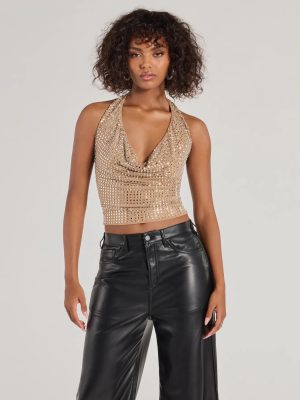 Glitzy Chic Cropped Rhinestone Halter Top