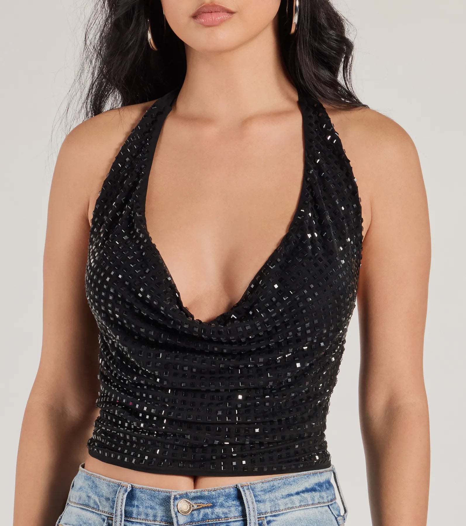Glitzy Chic Cropped Rhinestone Halter Top - Image 8