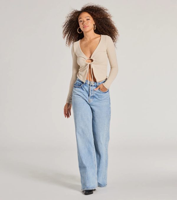 Trendy Casual Long Sleeve Tie-Front Top - Image 3