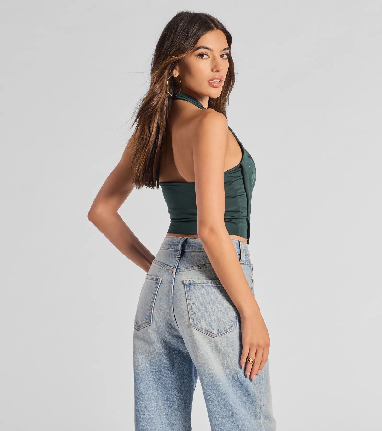 Sultry Flair Rhinestone Knit Halter Crop Top - Image 2
