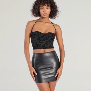 Chic Flirt Velvet Flocked Floral Halter Bustier Top