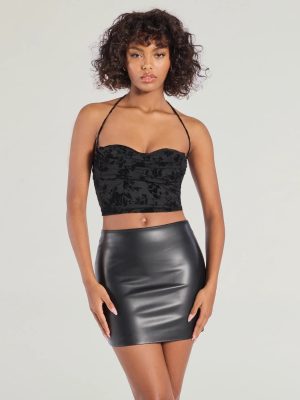 Chic Flirt Velvet Flocked Floral Halter Bustier Top