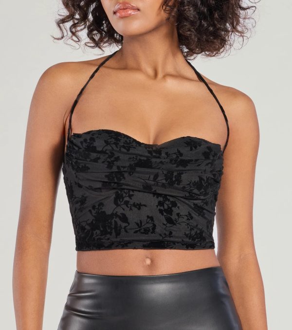 Chic Flirt Velvet Flocked Floral Halter Bustier Top - Image 4