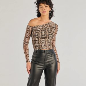 Bold Edge Snake Print Mesh Long Sleeve Top