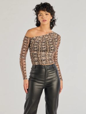 Bold Edge Snake Print Mesh Long Sleeve Top