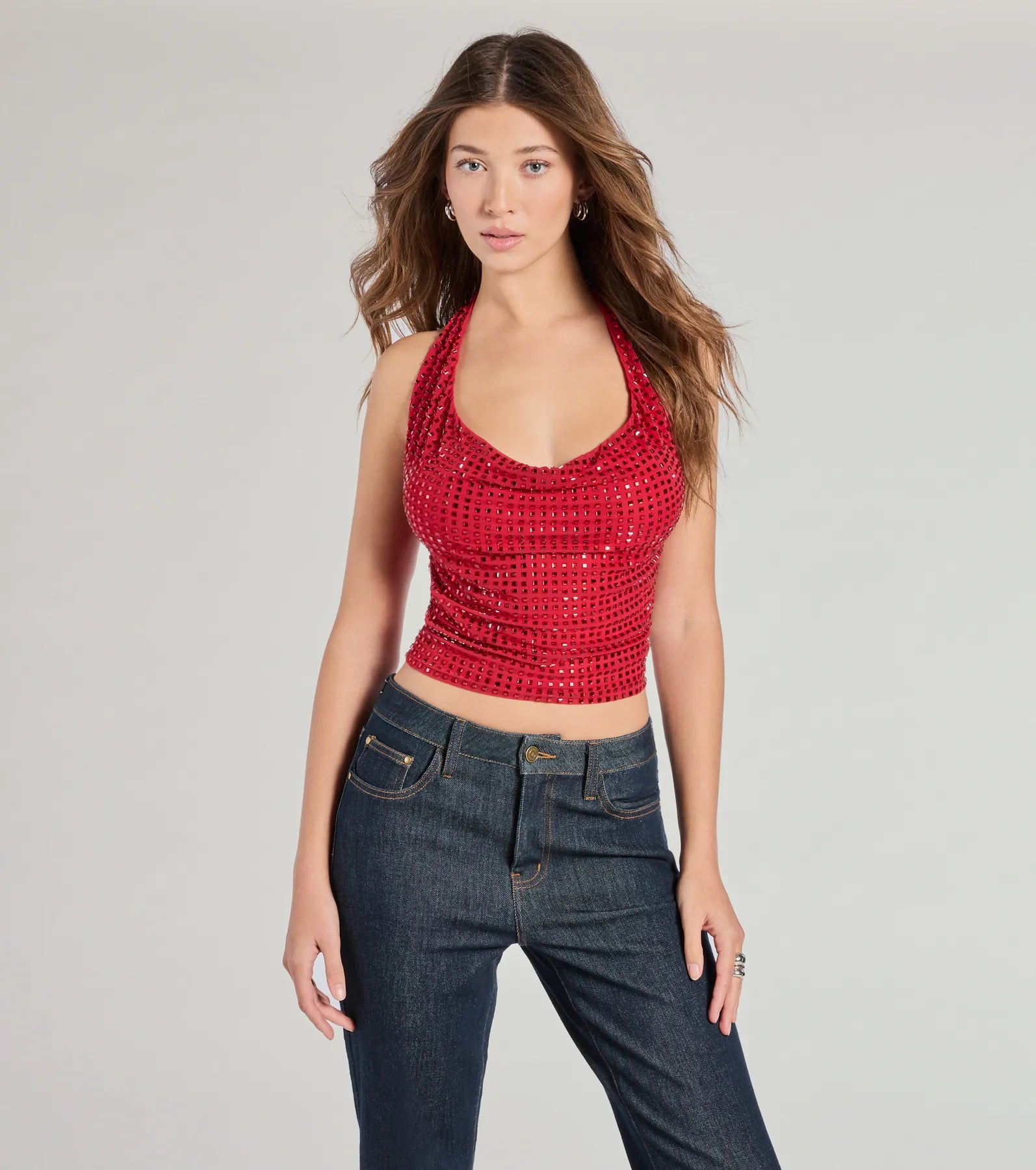Glitzy Chic Cropped Rhinestone Halter Top - Image 9