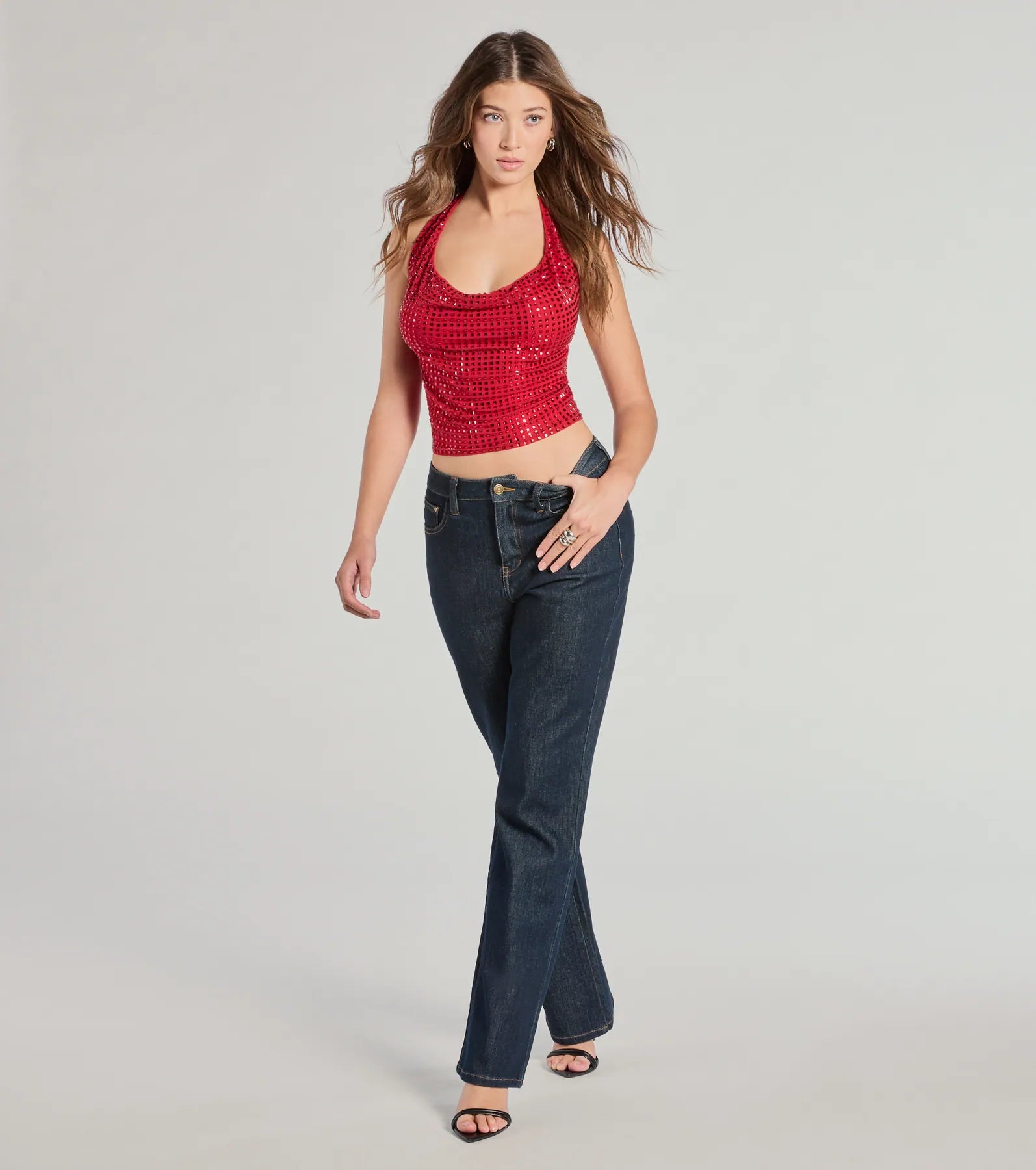 Glitzy Chic Cropped Rhinestone Halter Top - Image 11