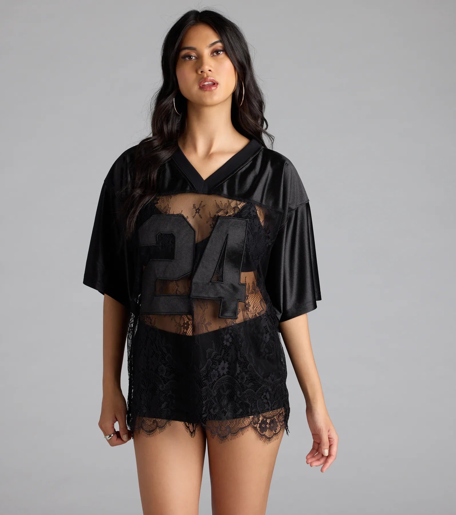 Sporty Chic Lace V-Neck 24 Graphic Jersey Top - Image 2