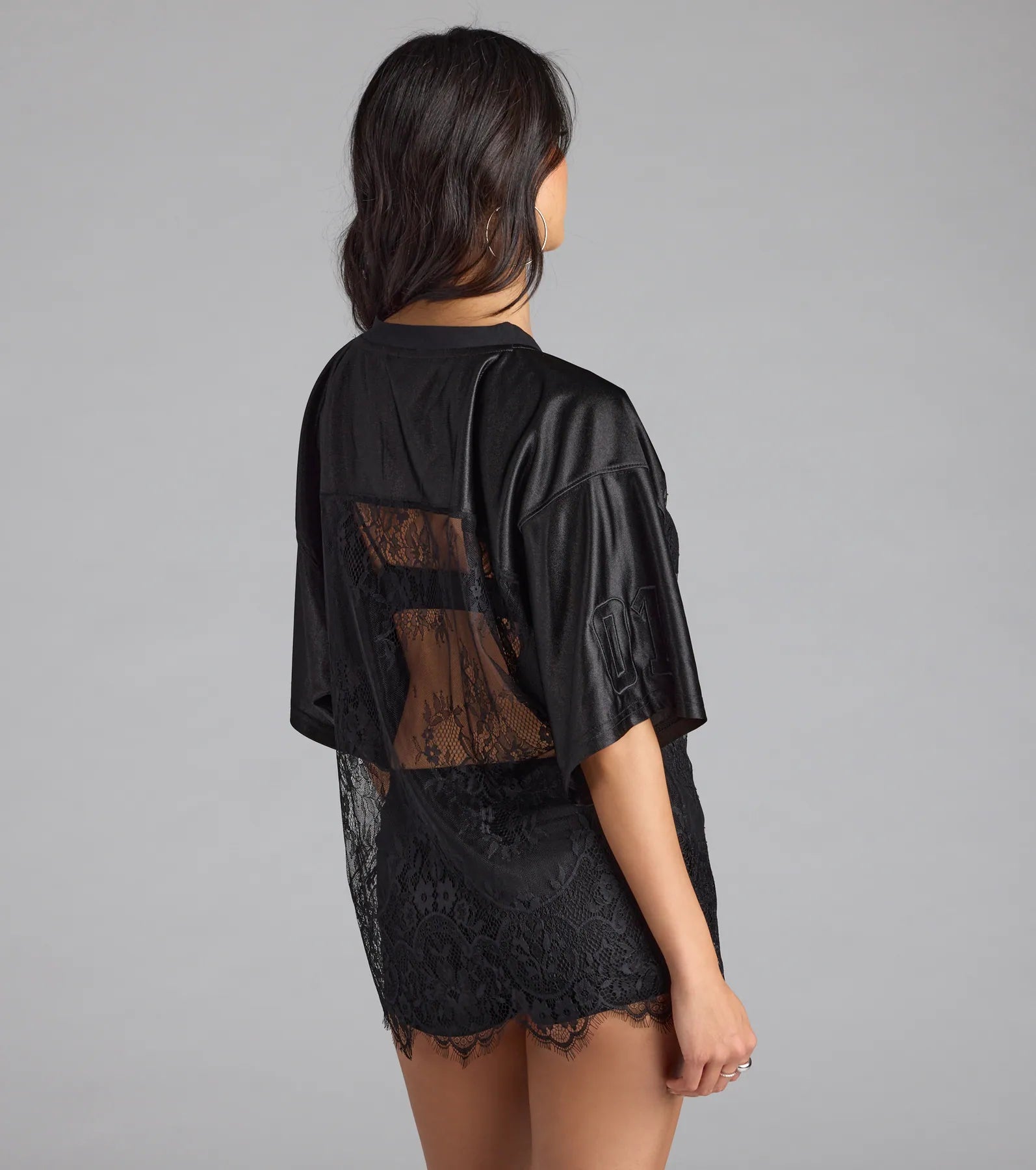 Sporty Chic Lace V-Neck 24 Graphic Jersey Top - Image 3