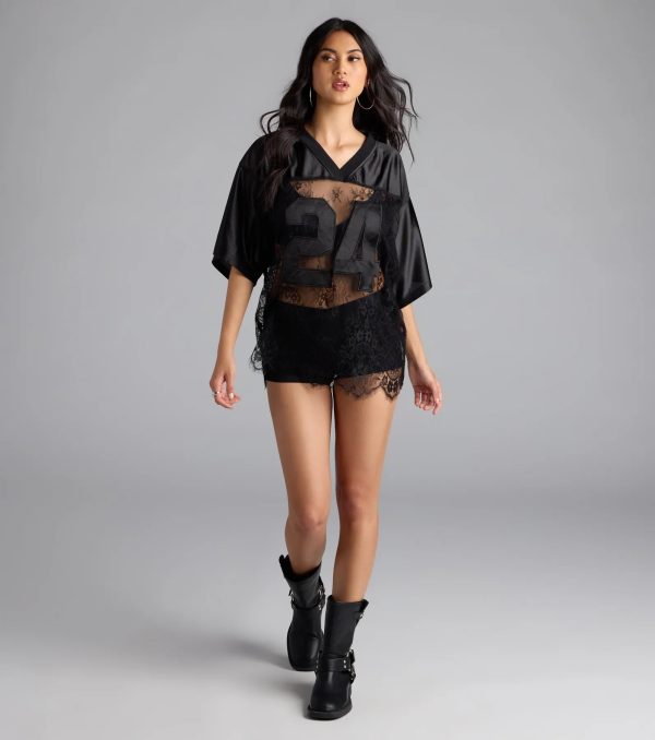 Sporty Chic Lace V-Neck 24 Graphic Jersey Top - Image 4