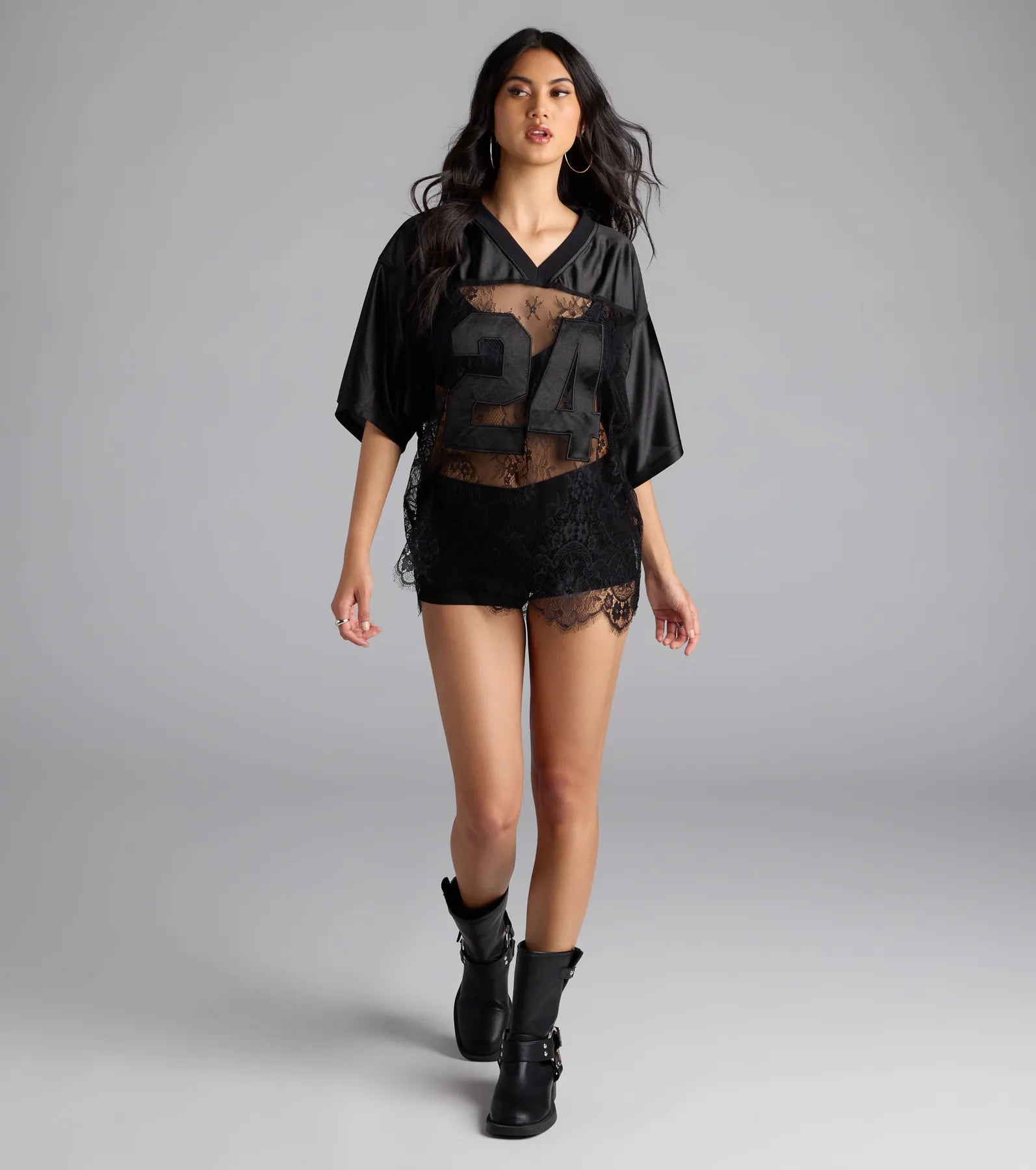 Sporty Chic Lace V-Neck 24 Graphic Jersey Top - Image 4