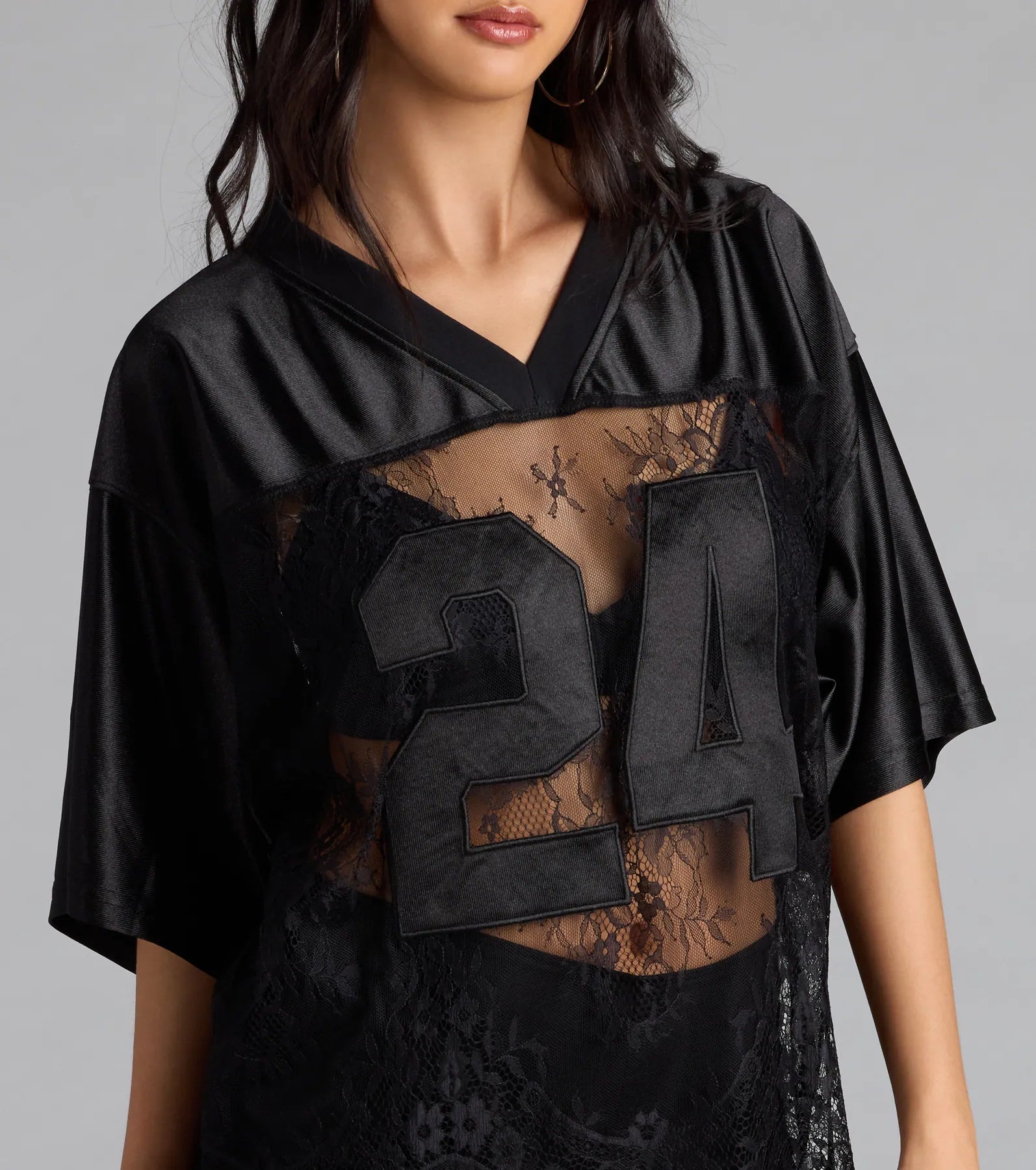 Sporty Chic Lace V-Neck 24 Graphic Jersey Top - Image 5