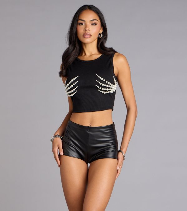 Spooky Chic Pearl Skeleton Hands Cropped Tank Top - Image 5