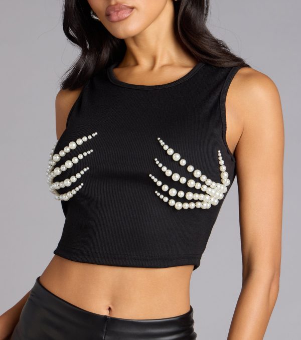 Spooky Chic Pearl Skeleton Hands Cropped Tank Top - Image 8