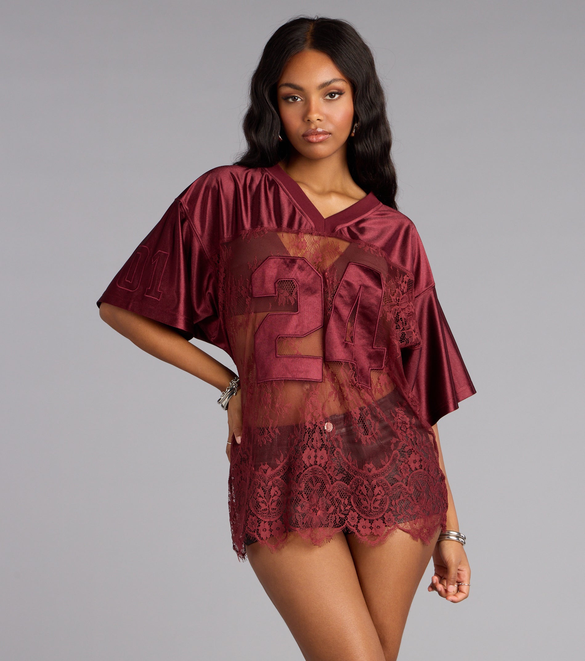 Sporty Chic Lace V-Neck 24 Graphic Jersey Top - Image 8
