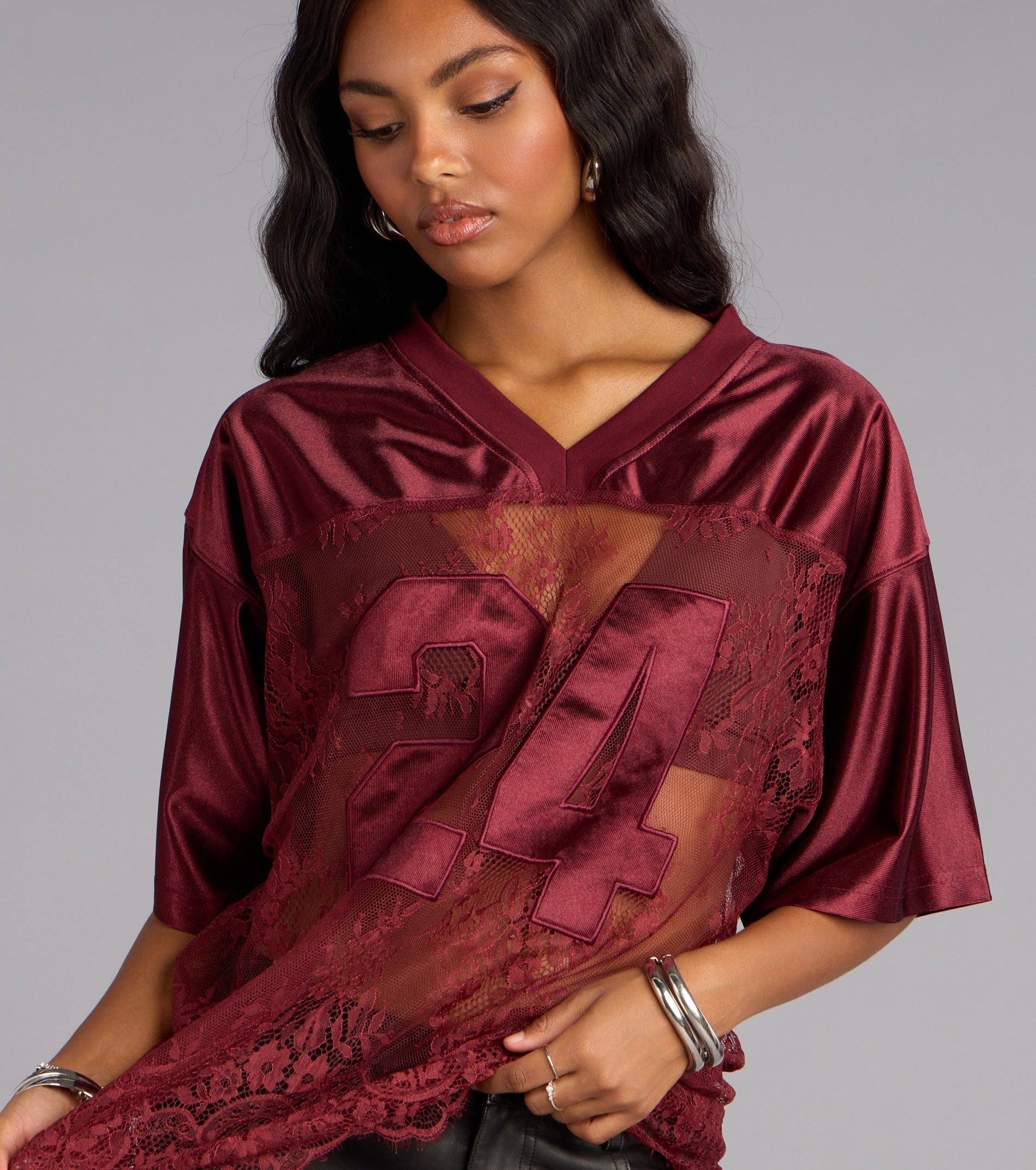 Sporty Chic Lace V-Neck 24 Graphic Jersey Top - Image 9