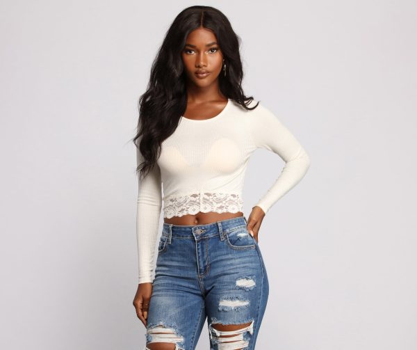 Ribbed Tie Back Lace Hem Crop Top - Image 9