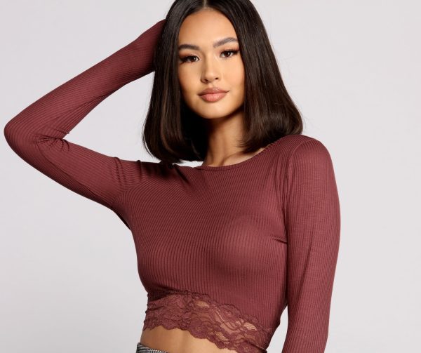Ribbed Tie Back Lace Hem Crop Top - Image 5