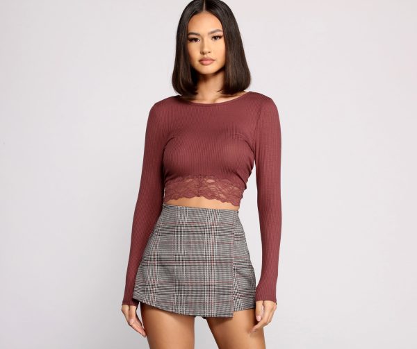 Ribbed Tie Back Lace Hem Crop Top - Image 7