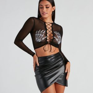 Sultry Skeleton Lace-Up Crop Top