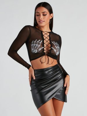 Sultry Skeleton Lace-Up Crop Top