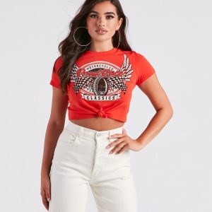 Moto Babe Graphic Knot Tie Crop Tee