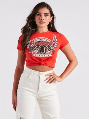 Moto Babe Graphic Knot Tie Crop Tee
