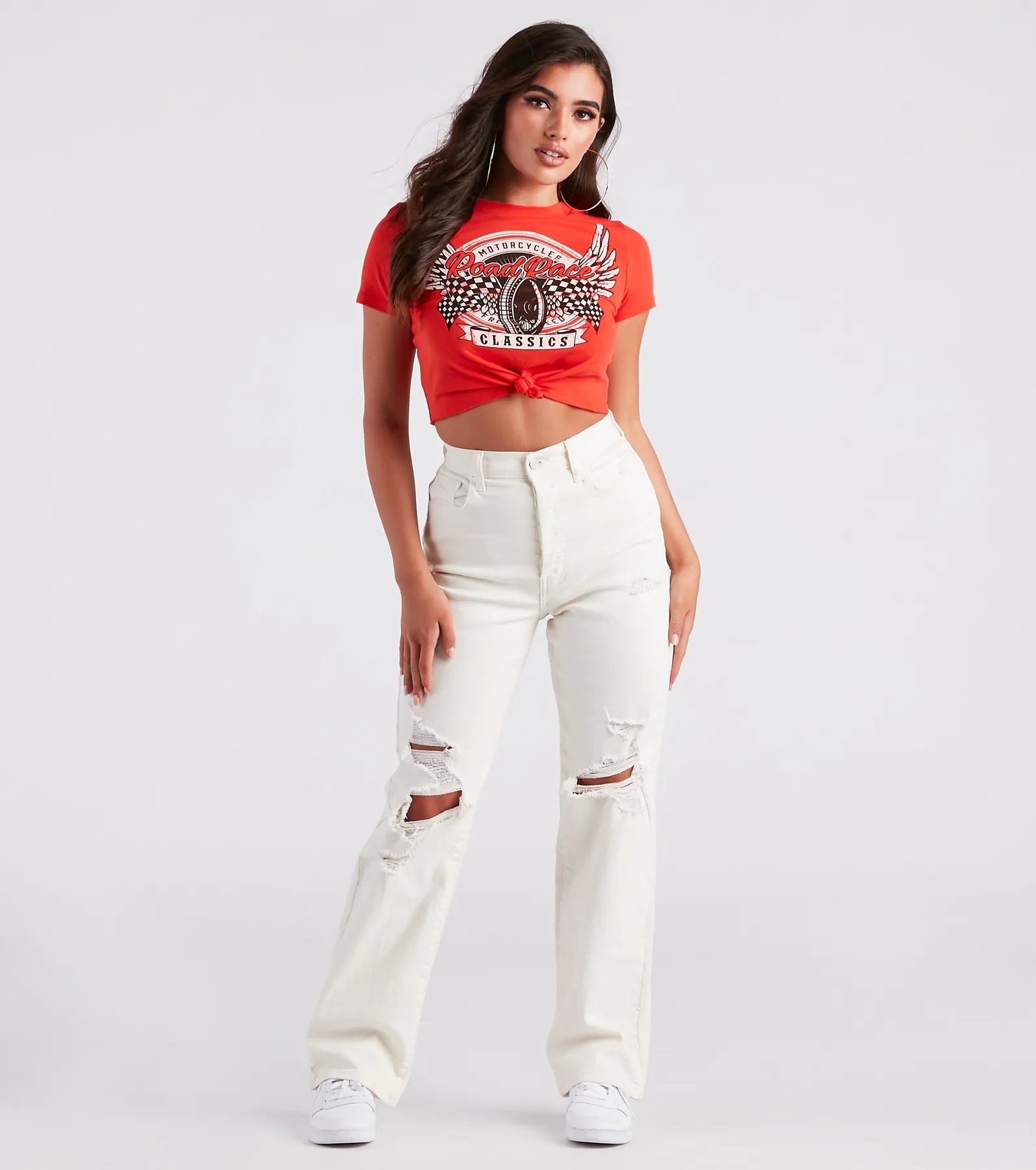 Moto Babe Graphic Knot Tie Crop Tee - Image 3