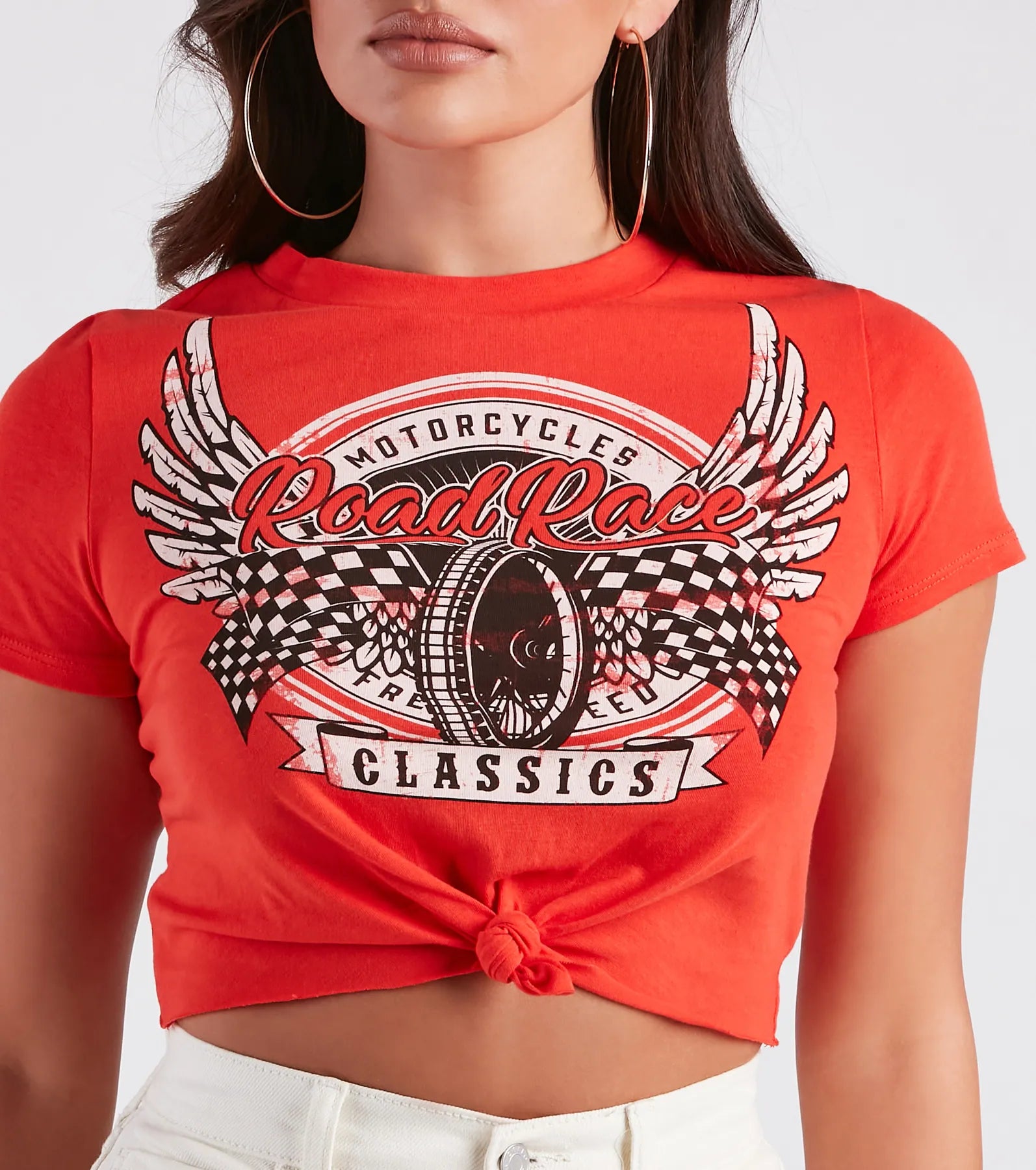 Moto Babe Graphic Knot Tie Crop Tee - Image 4
