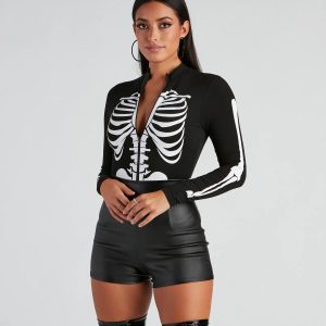 Sultry Skeleton Halloween Mock Neck Bodysuit