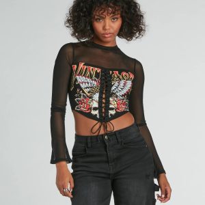 Vintage Lace-Up Mesh Graphic Crop Top