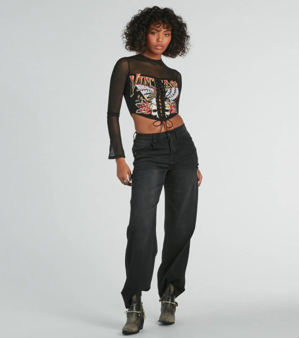 Vintage Lace-Up Mesh Graphic Crop Top - Image 3