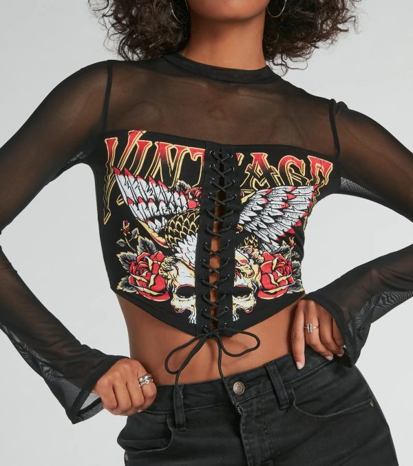 Vintage Lace-Up Mesh Graphic Crop Top - Image 4