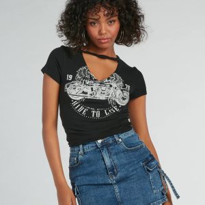 Moto Babe Cutout Knit Graphic Tee
